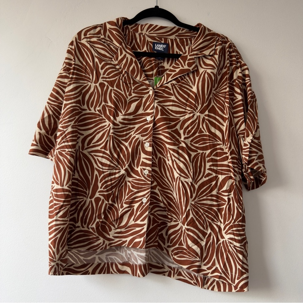Lands End Womens XL EcoVero Viscose Short‎ Sleeve Leaf Print Camp Shirt Brown